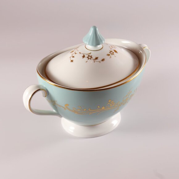 Royal Doulton Melrose Sugar Bowl With Lid Gold Flowers & Scrolls Turquoise H4955 - Picture 3 of 6